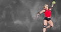 Blonde caucasian woman throwing a softball midair over moustaches background Royalty Free Stock Photo