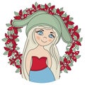 BLONDE CHRISTMAS PORTRAIT New Year Color Vector Illustration Set