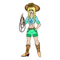Blonde cowgirl with lasso. Vector illustration. Isolated on whit