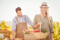 Blonde customer holding a vegetables basket Royalty Free Stock Photo
