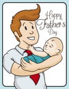 Blonde Dad Celebrating Father's Day with Baby in Arms, Vector Illustration