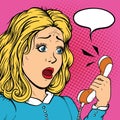 Blonde disappointed woman shocked face with open mouth talking on telephone with speech bubble for message, pop art retro comic st