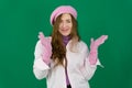 Blonde doctor with pink uniform young girl woman with a pink beret on her head France fashion on a green background
