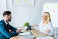 Blonde employee showing shrug gesture near handsome recruiter