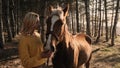 Blonde equestrienne relaxes hugging the horse after long ride in the wood slow motion