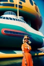 A blonde at the Fair of Underwater Worlds, Boats and Ships. Beauty with blue eyes wearing glasses, retro style, 1955. AI