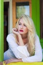 Blonde fashion beautiful woman portrait on porch summer