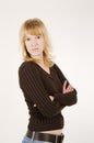 Blonde fold ones arms side cautious Royalty Free Stock Photo