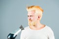 Blonde funny bearded man hair dry. Hair care male isolated.