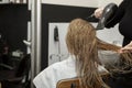 Blonde girl in a beauty salon blow dry her hair. Close-up