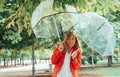 .blonde girl with blue eyes and dressed in red gabardine balances with two transparent umbrellas in a park in Madrid, Spain