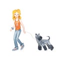 A blonde girl in blue jeans walks with a dog. Watercolor illustration in cartoon style