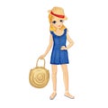 Blonde Girl In Blue Overalls Holds Big Straw Bag