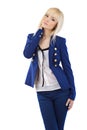 Blonde girl in blue pants and jacket