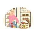 Blonde girl choosing bodycare and home cosmetics in cosmetics store