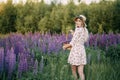 Blonde girl in a dress with a basket in a field of lupins