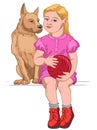 Blonde girl dressed in pink dress and red boots holding a red ball while sitting with her dog