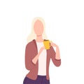 Blonde Girl Drinking Coffee or Tea, Young Woman Character Enjoying of Hot Drink Flat Vector Illustration Royalty Free Stock Photo