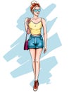 Blonde girl in fashionable clothes. Hand drawn young woman with blond hair in sunglasses, fashion summer shorts sketch vector Royalty Free Stock Photo