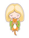 Blonde girl with a ginger kitten in her hands. Cartoon character.