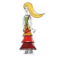 The blonde girl in gypsy dress with bag. Linear pattern on a white background. For t-shirts print, phone case, posters