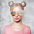 Blonde girl with hair buns, wearing sunglasses. Contemporary artwork collage