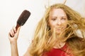 Blonde girl long blowing hair holds natural bristles brush Royalty Free Stock Photo