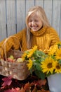 A blonde girl with long hair with a basket of apples and sunflowers. photo in the air