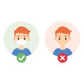 Cute boy wearing a face mask. Set of two images showing how to prevent spreading viruses and bacteria.