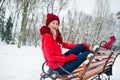 Blonde girl in red scarf on winter day Royalty Free Stock Photo