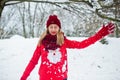Blonde girl in red scarf on winter day Royalty Free Stock Photo