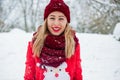 Blonde girl in red scarf on winter day Royalty Free Stock Photo