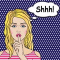 Blonde girl says Shhh pop art comics style, vector retro woman putting her forefinger to her lips for quiet silence