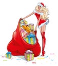 Blonde girl in a Santa Claus costume, is holding a big bag with a lot of colorful Christmas gift, on the New Year's Eve Royalty Free Stock Photo