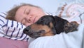 Blonde girl sleeps with cute dachshund in her arms, close up. Owner spends lazy weekend with beloved dog. Permissiveness