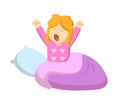 Blonde girl stretching and yawning in her bed after waking up. Flat vector illustration, isolated on white background.