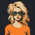 Blonde Girl In Sunglasses: A Dark Orange And Dark Green Graphic Illustration