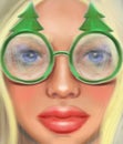 Blonde girl in transparent glasses in the shape of a Christmas tree in the style of digital oil painting