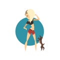 Blonde glamour girl walking with dog vector Illustration on a white background