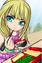 Blonde hair girl with bento and chopsticks