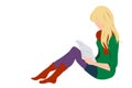 Blonde hair girl, lady reading a book flat style illustration for education, books shop, magazine promo, fashion poster, banner,