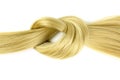 Blonde hair lock tied in knot. Lock of blonde wavy hair on white background, top view