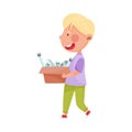 Blonde Haired Boy Character Carrying Light Bulbs for Recycling Vector Illustration