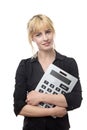 Woman with large calculator Royalty Free Stock Photo