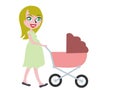 Blonde haired pregnant woman pushing buggy