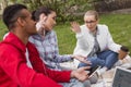 Blonde-haired student in glasses arguing with her groupmates