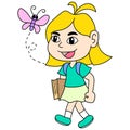 The blonde haired woman was walking towards the school, doodle icon image