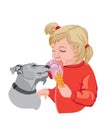 Blonde kid in red sweater eating ice cream with her dog Royalty Free Stock Photo