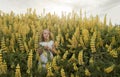 Blonde little girl smelling yellow wildflowers