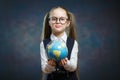 Blonde Little Schoolgirl Hold World Globe in Hand